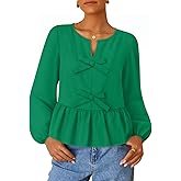 ZESICA Women's Long Sleeve Babydoll Tops Crewneck Tie Front Casual Loose Ruffle Flowy Peplum Shirts 2026 Fall Blouses