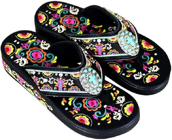 Amazon.com | Montana West Rhinestone Flower Western Aztec Concho Hippy Flip Flops | Sandals