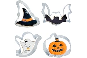 4PCS Large Halloween Cookie Cutters, Stainless Steel Metal Molds Pumpkin, Bat, Ghost, Wich's Hat Cookie Cutters with Decorati