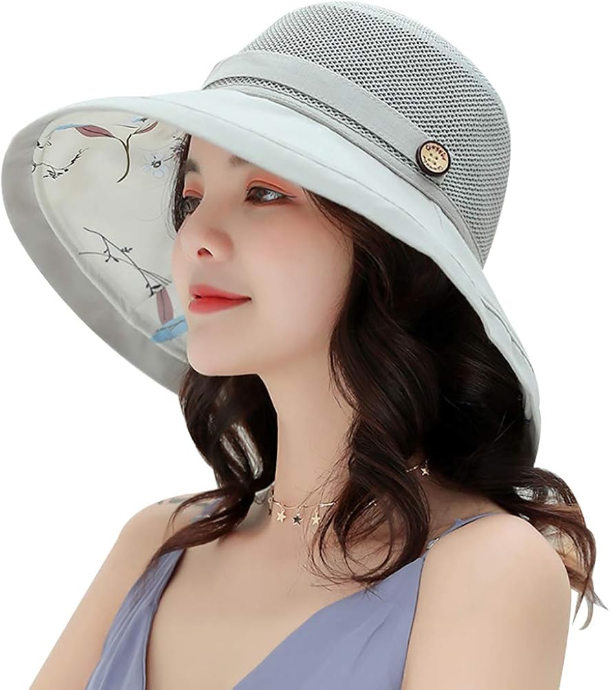 Summer Mesh Sun Hats for Women Lightweight Beach Hat Floral UPF50+ Packable Wide Brim Bucket Hat with Chin Strap Grey: Clothing