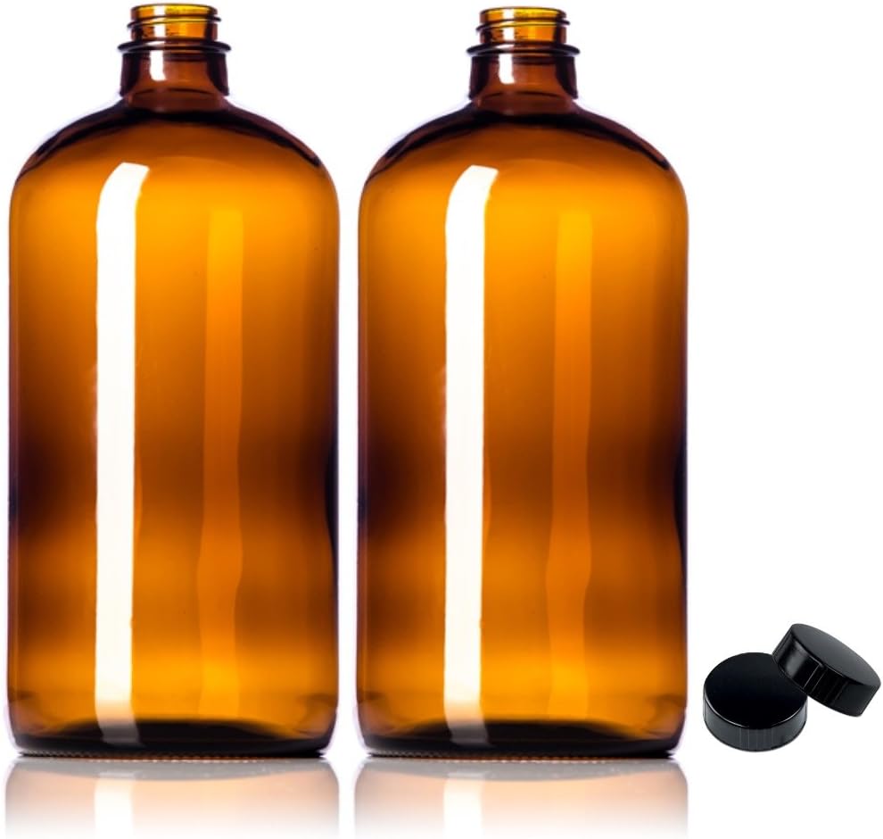 2 Pack ~ 32oz Amber Glass Growlers with Polycone Lids for a Tight Seal - Perfect for Secondary Fermentation, Storing Kombucha, Homemade Cleaning Products, Traveling or a One Liter Glass Beer Growler