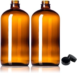 2 Pack ~ 32oz Amber Glass Growlers with Polycone Lids for a Tight Seal - Perfect for Secondary Fermentation, Storing Kombucha, Homemade Cleaning Products, Traveling or a One Liter Glass Beer Growler