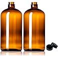 Sally's Organics 32oz Amber Glass Bottles - 2 Pack with USA-Made Tight Seal Lids - Quart-Sized Brown Glass Growlers for Beer,