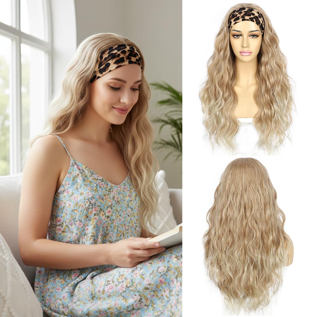 Sapphirewigs Headband Wig Blonde Wavy Synthetic Wigs for Women Ombre Glueless Daily Wear Cosplay Headband Hair 150% Density 26 inch — image 1