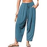 TARSE Women's Linen Harem Pants Casual Loose Fit Wide Leg Cropped Lightweight Drawstring Elastic Waist Pants with Pockets