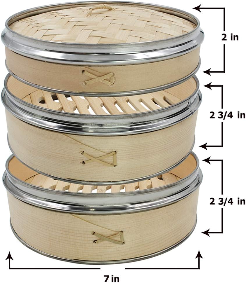 3 Piece Set - 100% Natural Bamboo Steamer Basket With Metal Rimmed Edges - Dumpling & Bun Steamer - Great for Asian Cooking, Buns, Dim Sum, Vegetables, Fish (7")