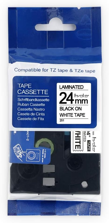 Invoker Compatible Label Tape Replacement for Brother P-Touch TZe-251 TZe 251 TZ 251 Laminated Adhesive Cassette 24mm for Brother P-Touch 1000 D400 D210 e100 h101 h105, Black on White