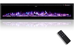 LUXOAK Electric Fireplace Inserts 60 Inch Wall Mounted Black Fireplaces Heater Adjustable Modern Flame Color for Living Room Log Set Crystal Fire Place with Remote Timer