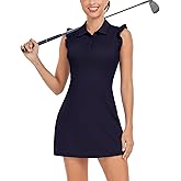 WOWENY Tennis Dress Polo Buttons Golf Dresses with Built in Shorts and Pockets Ruffle Sleeveless Athletic Workout Dress