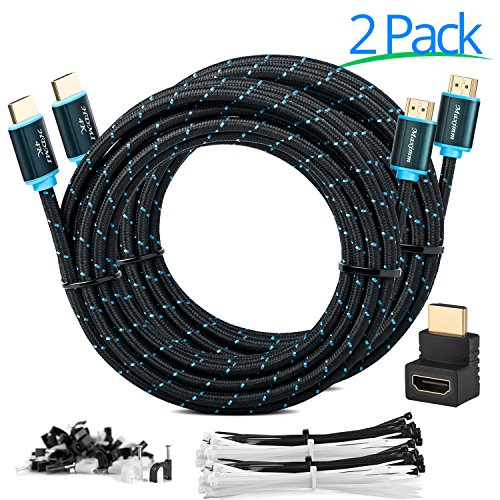 Maximm High-Speed HDMI 2.0 4K Nylon Braided Cable, 30 Feet - 2-Pack - 28 AWG (Includes Cable Clips, Ties and Right Angle Adapter)
