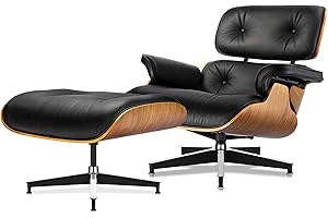 Asukale Top Black Grain Leather, Mid Century Chaise Lounge Chair and Ottoman, Modern Chair Classic Design, Heavy Duty Base Support for Living Room Study Lounge Office, Walnut