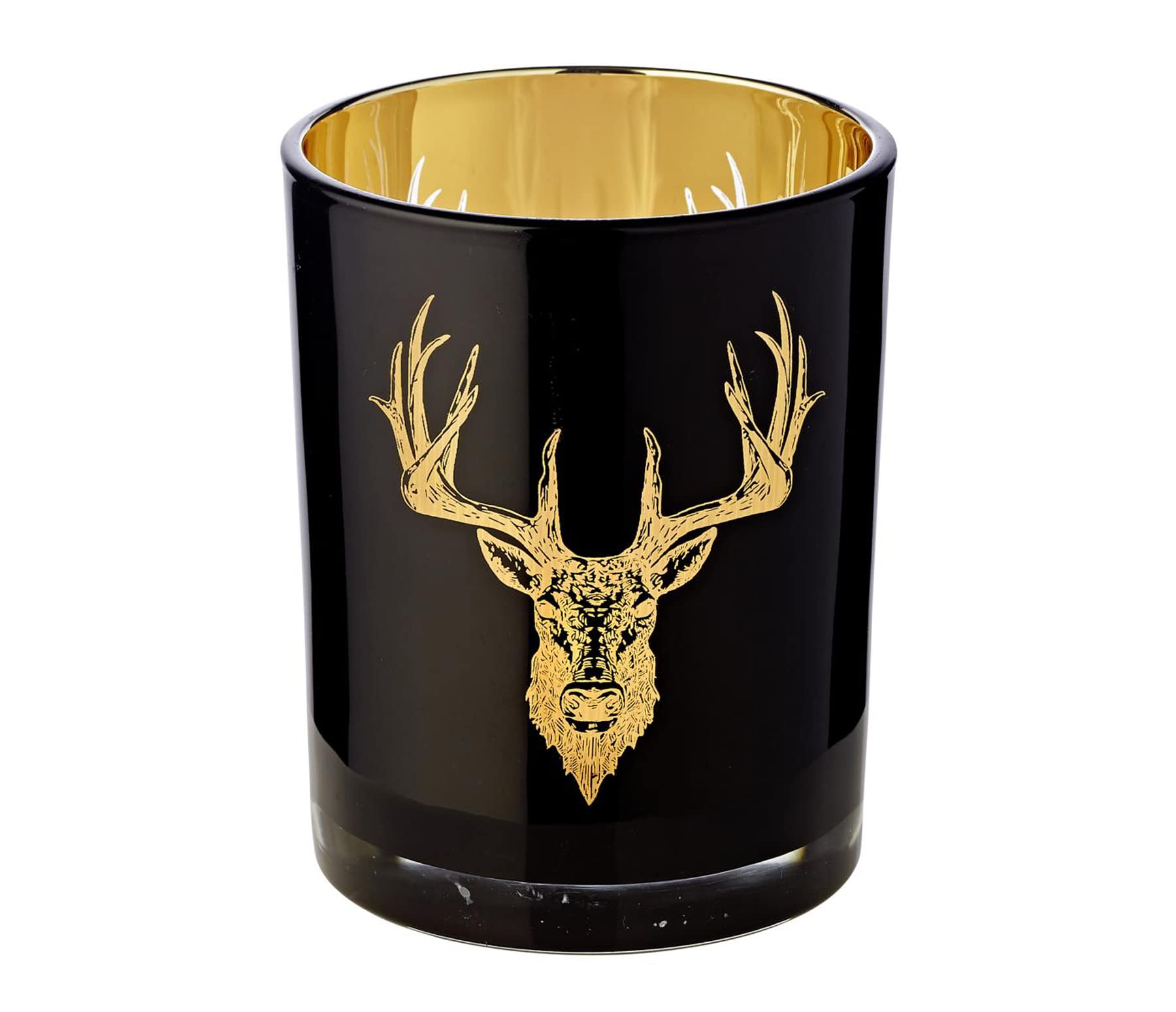 EDZARD Tealight Glass Tom, Stag Motif, Height 13 cm, outside black, inside gold coloured
