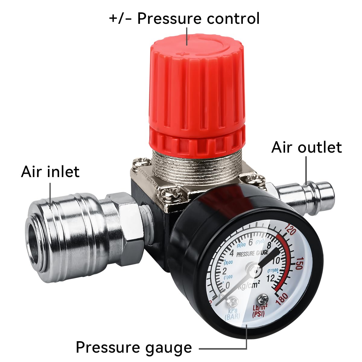 1/4" Druckminderer, Preciva EU-Standard Druckregler Druckregelventil Druckschalter Regelventil Druckschaltventil mit Manometer 175 PSI für Luftverdichter, Luftkompressor - 3 Löcher 2