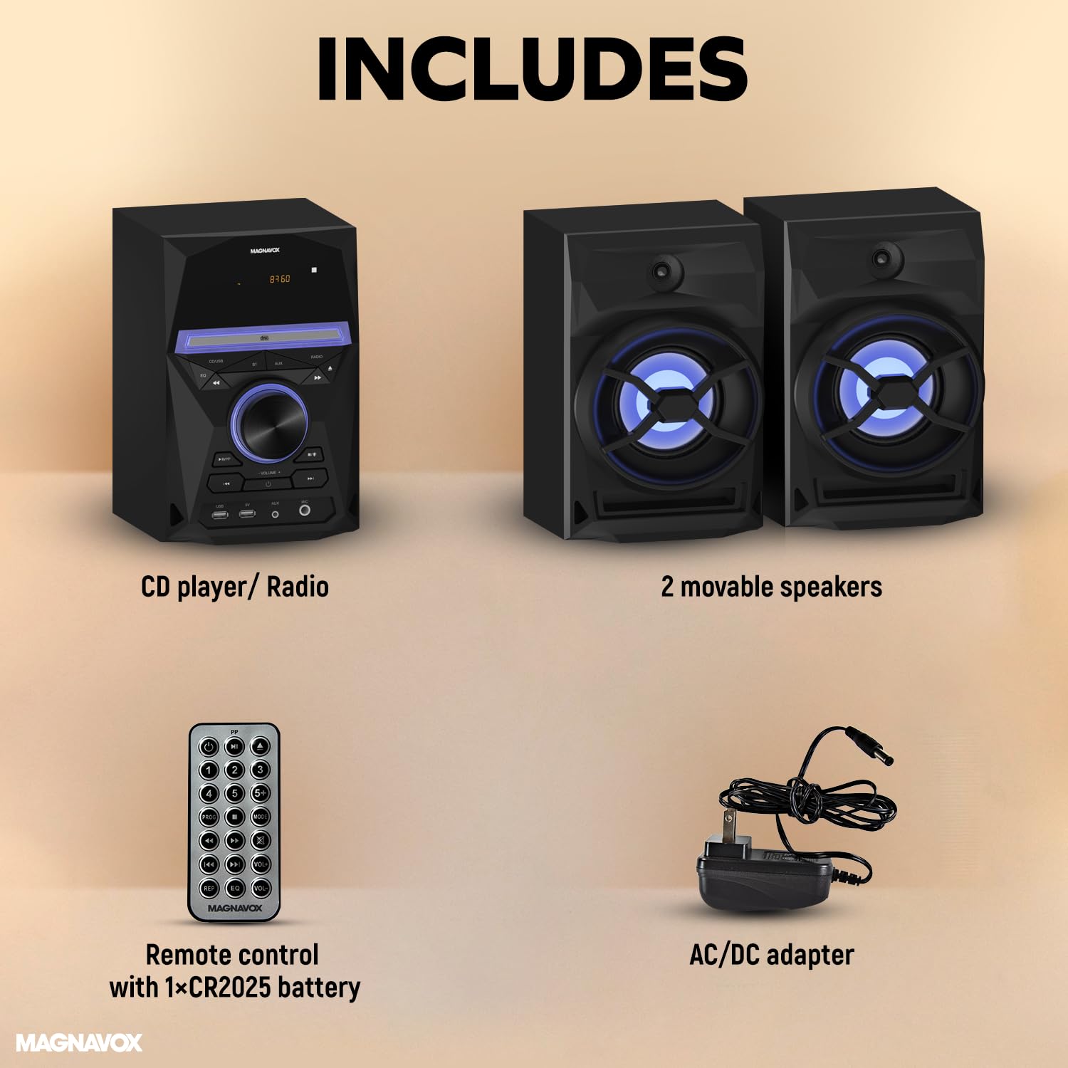 Magnavox 3-Piece CD Shelf System with Bluetooth, FM Radio, Remote Control, Colored Speaker Lights, LED Display, AUX Port - Black