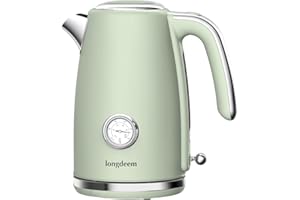 LONGDEEM Electric Tea Kettle for Boiling Water, Wide Open Lid, Retro Green Stainless Steel with Thermometer, 1500W/1.7L for Coffee/Tea Brewing, Auto Shut Off & Boil Dry Protection, Cordless Swivel Base, Green