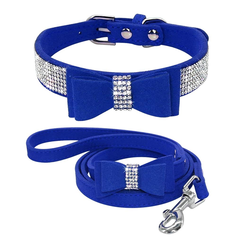 TELEYI Rhinestone Bling Leather Dog Cat Collar & Leash Set Crystal Diamonds Studded Cute Bowknot Puppy Small Dogs Collar Puppy Leash