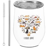 Cute Cat Tumbler With Lid and Straw, I Love Cats 12 oz Stainless Steel Insulated Water Bottle Coffee Mug, Gifts for Cat Lovers, Travel Mug Weekend Gifts for Friendship Vacation Bachelorette Party