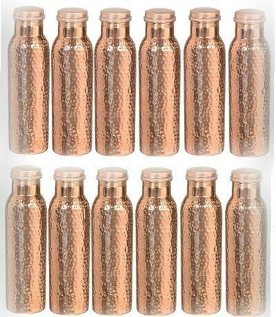 900 ML / 30 oz – Set of 12 - Traveller's 100 % Pure Copper Water Bottle or Thermos Flask Ayurveda Health Benefits - Designer Water Bottles Joint Free,Leak Proof Christmas Gift