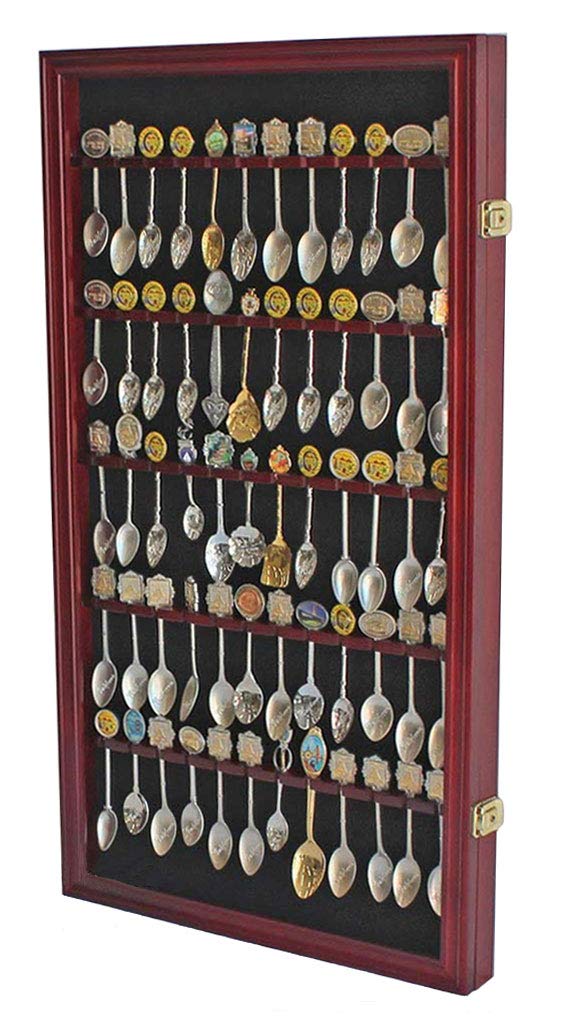 60 Spoon Rack Display Case Holder Real Glass Door, DARK CHERRY