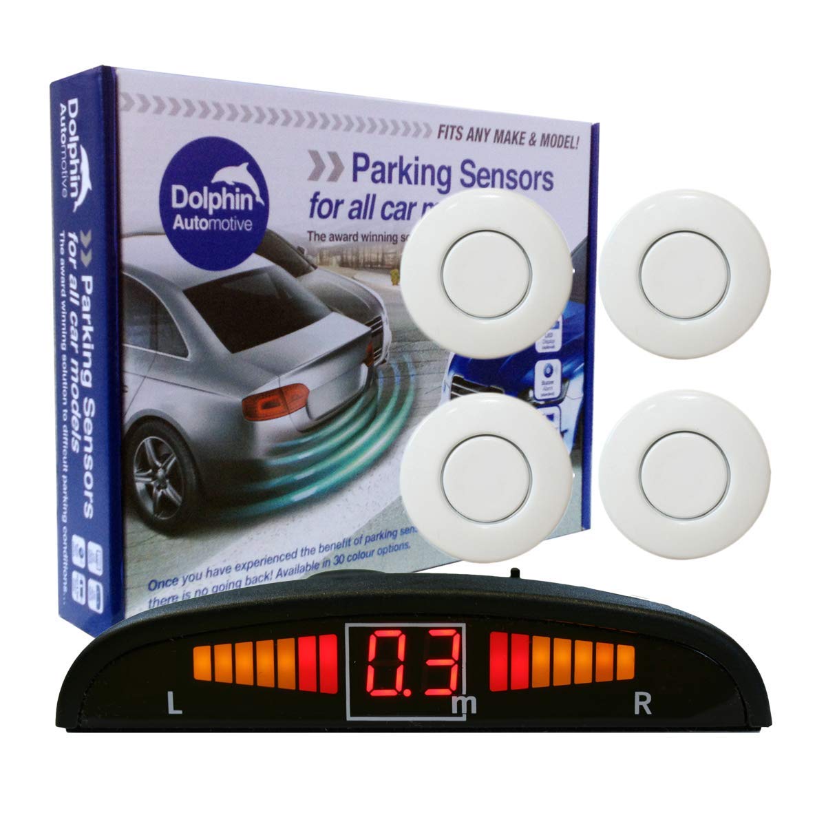 Dolphin Automotive DPS450 Reverse Parking Sensors In 32 Colours 4 Ultrasonic Radar Sensors Kit Audio & Display Alert System - White