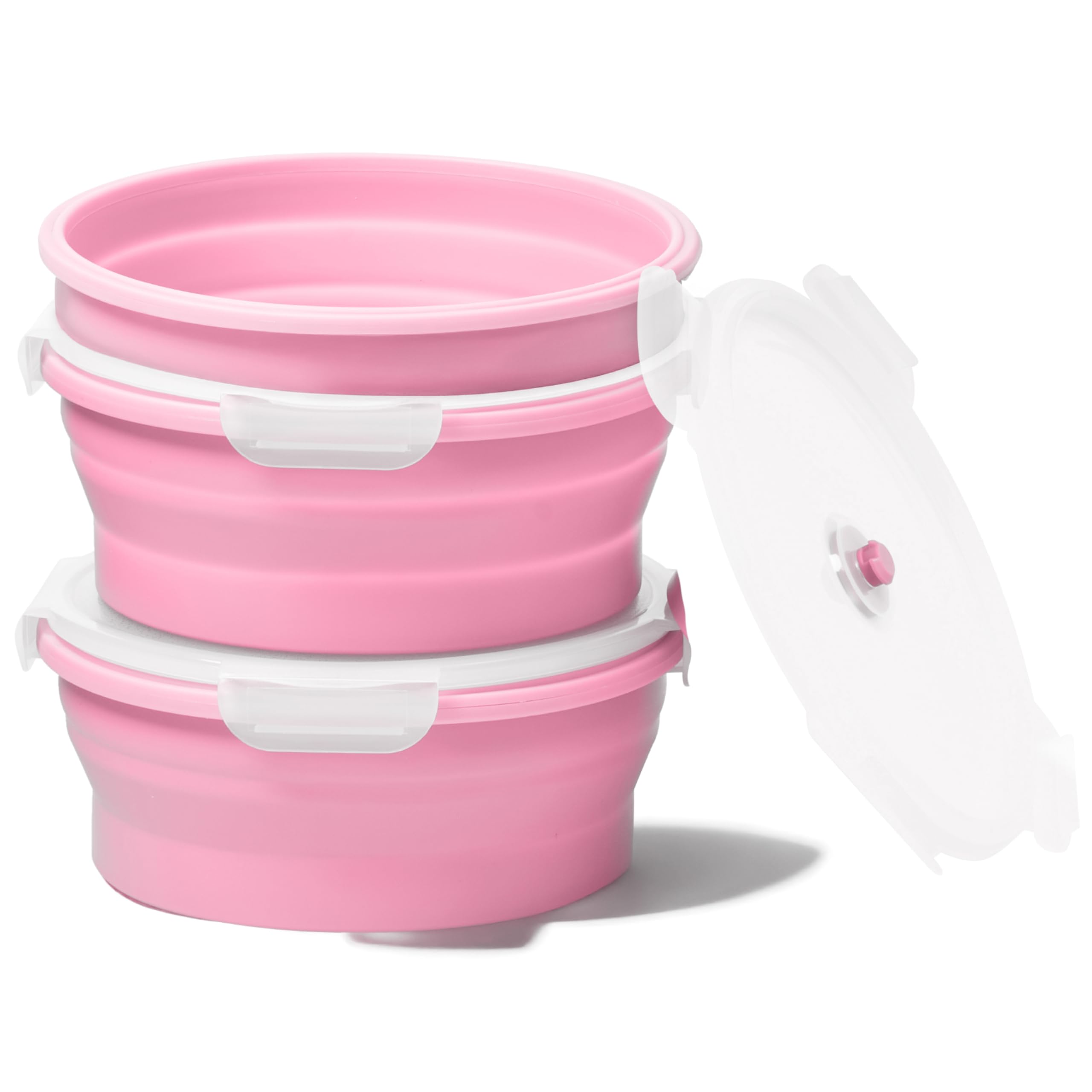 Photo 1 of Vdomus Collapsible Food Storage Containers - Leak Proof, Microwave Safe - 40.5oz/1.2L Airtight Silicone Food Containers - Meal Prep Collapsible Bowls with Lids - Set of 3 - Pink