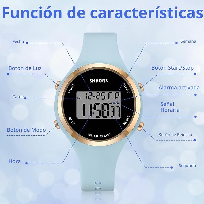 Relógio feminino com bracelete de silicone, relógios desportivos LED, relógios digitais para mulheres com mostrador luminoso, relógio de pulso exterior para raparigas (azul celeste)