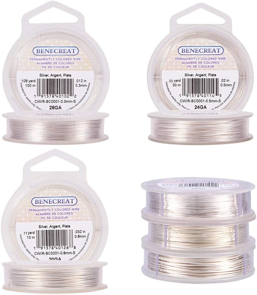 BENECREAT 3PCS Mixed Size Tarnish Resistant Silver Coil Wire (0.3mm x 100m & 0.5mm x 30m & 0.8mm x 10m), 3 Size/Set