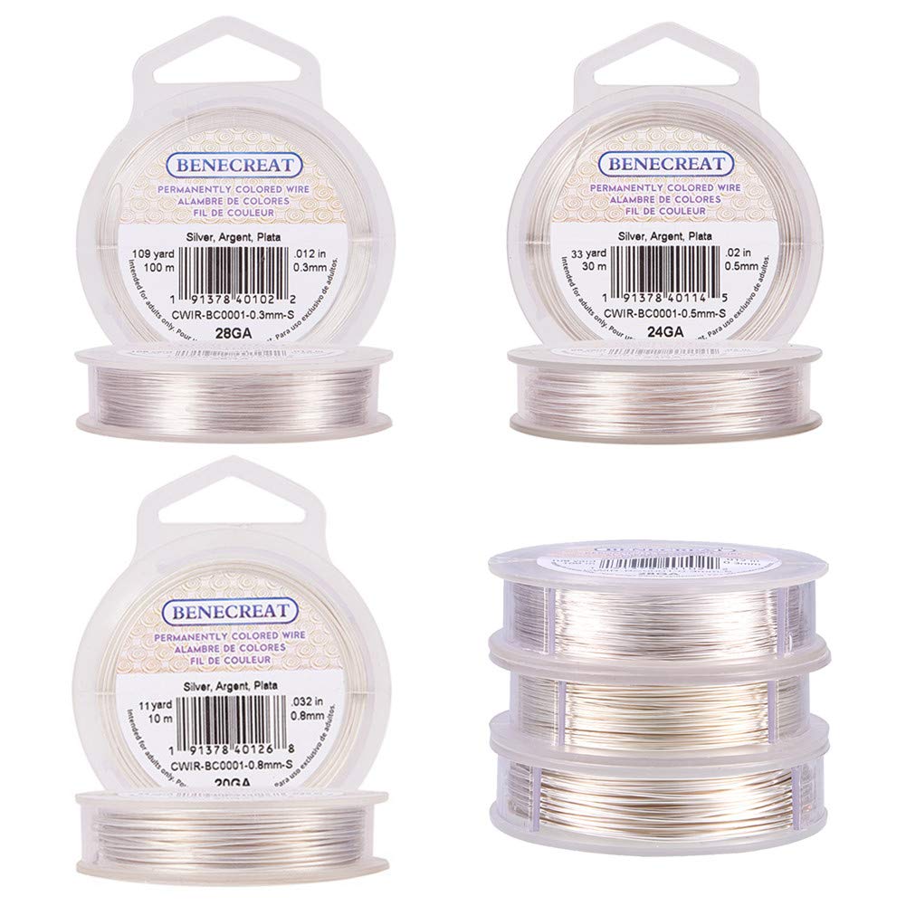 BENECREAT 3PCS Mixed Size Tarnish Resistant Silver Coil Wire (0.3mm x 100m & 0.5mm x 30m & 0.8mm x 10m), 3 Size/Set