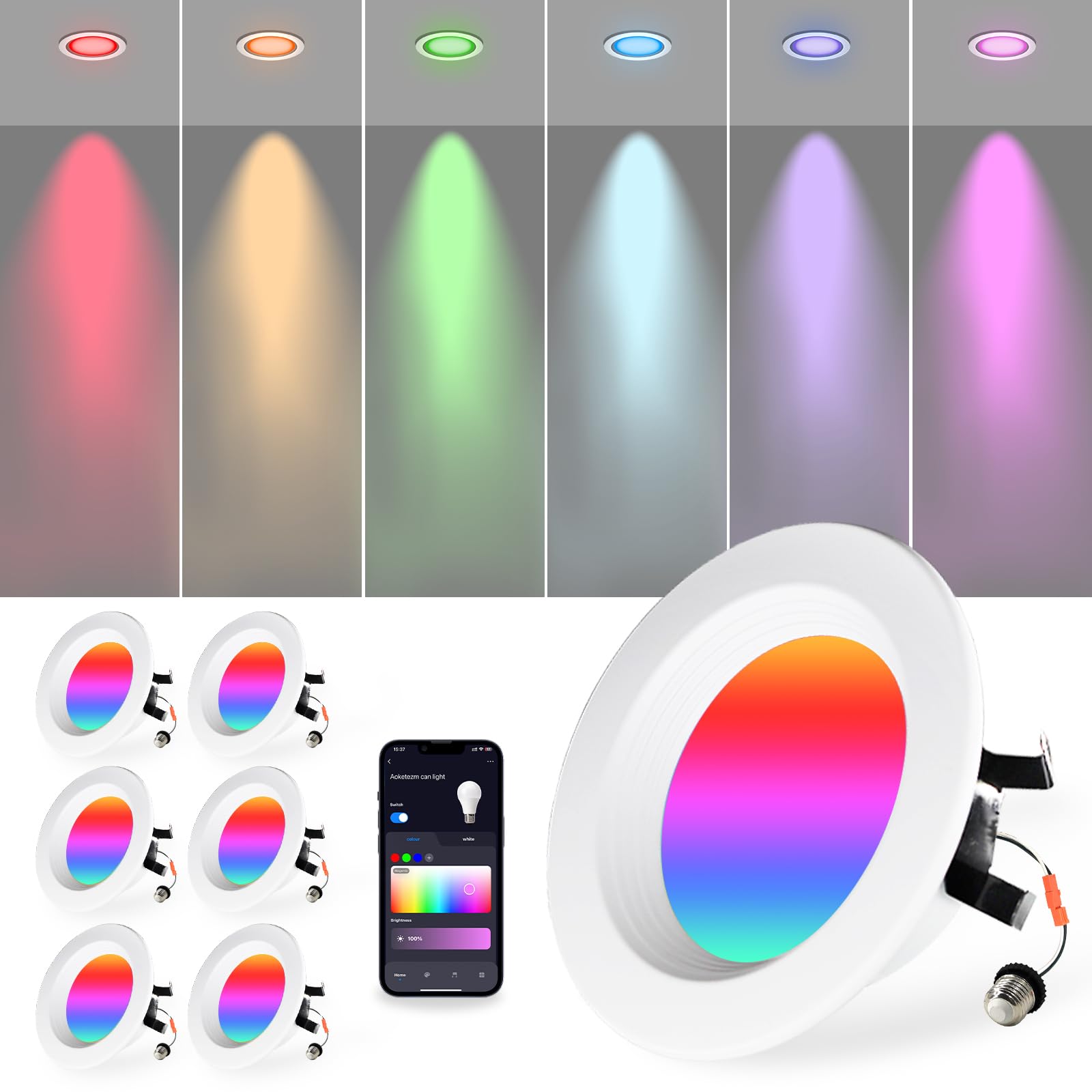 Photo 1 of AOKETezm 4 inch Smart LED Can Lights Retrofit Recessed Lighting, RGB Color Changing WIFI&Bluetooth Downlight,9W 750LM Bluetooth Baffle Trim Downlight,Compatible with Alexa, Google Home and Siri,6 Pack