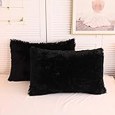 XeGe Faux Fur Throw Pillow Cases Plush Shaggy Ultra Soft Pillow Cover Fluffy Crystal Velvet Decorative Pillowcases Zipper Closure,Set of 2 (Standard, Black)