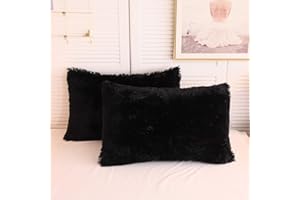 XeGe Faux Fur Throw Pillow Cases Plush Shaggy Ultra Soft Pillow Cover Fluffy Crystal Velvet Decorative Pillowcases Zipper Closure,Set of 2 (Standard, Black)