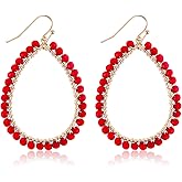 Hoop Earrings Beaded Teardrop Dangling, Sparkly Crystal Summer Earrings Personalized Earrings Beaded Statement Earrings Bohemian Accessories Gifts for Women (Red)