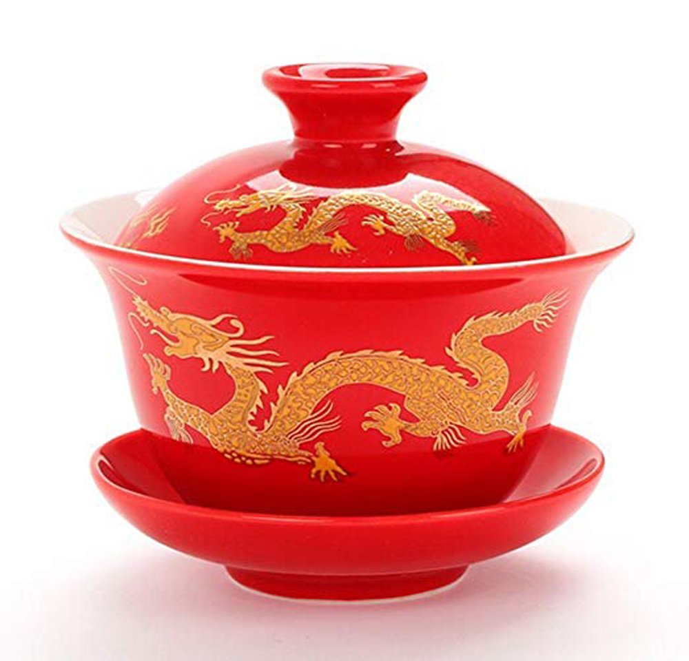 YBK Tech Porcelain Kung Fu Tea Cup and Saucer with Lid, Chinese Traditional Gaiwan Sancai Tea Bowl Tea Set Dragon Pattern (Red)