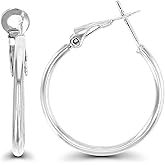 DECADENCE Sterling Silver Polished Omega Back Hoop Earrings for Women | 2x25mm Round Hoop Earrings | Secure Bar Closure | 14k Plated Shiny Classic Earrings