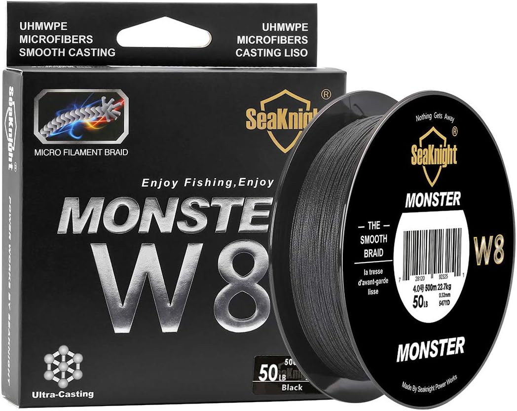 SeaKnight Monster W8/S9 Braided Line 8 Strands/ 9 Strands Braided Fishing Line 328Yards/547Yards Super Smooth PE Braided Lines Multifilament Fishing Lines-Abrasion Resistant, Low Memory, Zero Stretch