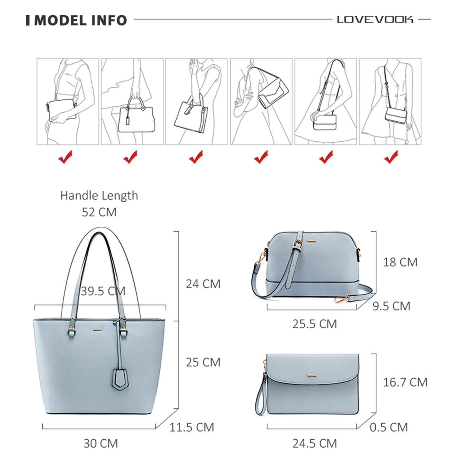 LOVEVOOK Handtasche Damen Schultertasche Handtaschen Tragetasche Damen Groß Designer Elegant Umhängetasche Henkeltasche Set 3-teiliges Set Hellblau