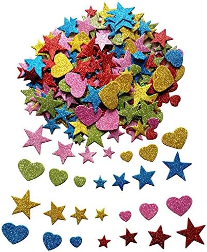 250 Pieces Glitter Foam Stickers Self Adhesive, Stars and Mini Heart Shapes for Kid's Arts Craft Supplies Greeting Cards Home Decoration