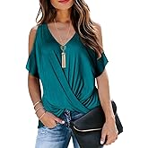 LEIYEE Womens Summer Cold Shoulder Tops Short Sleeve Front Twist Knot V Neck T Shirts Draped Blouses
