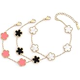 (Skin-Friendly&Fade-Resistant) 18K Gold Plated Bracelets Set for Women (Double Sided) Four Leaf Clover Cute Trendy Lucky Bracelet (Adjustable) Gold Jewelry for Women Birthdays Holidays Gifts 3pcs
