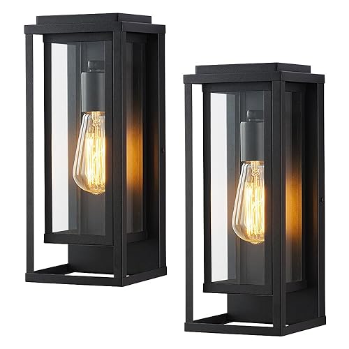 Cerdeco 14” Modern Outdoor Wall Sconce with Rectangular Metal Frame and Transparent Glass Shade,Black Outdoor Lighting for Garage Porch Patio Pack of 2