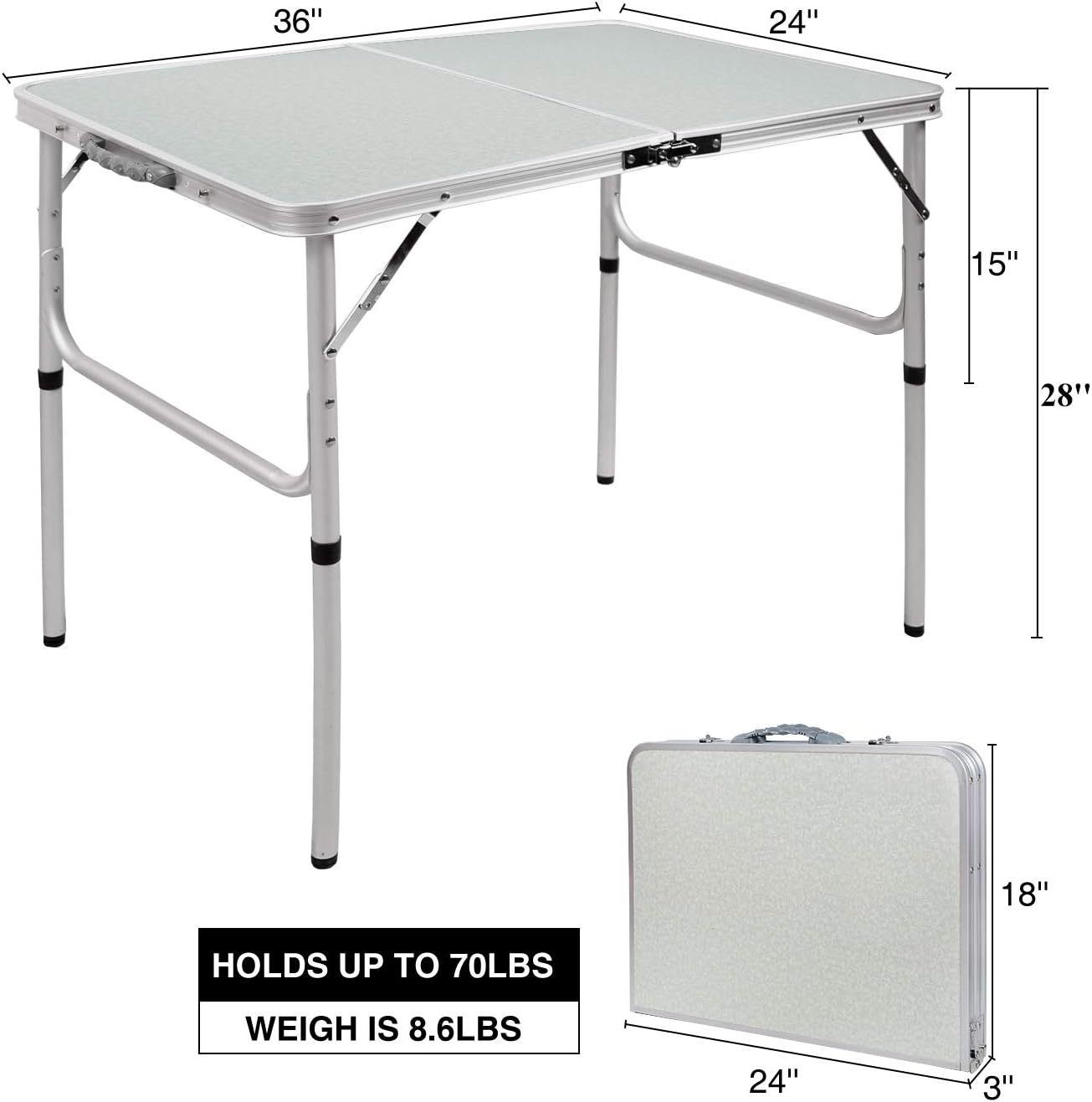 RedSwing Aluminum Folding Table 3 Feet Adjustable Height, Lightweight and Portable Camping Table, 36x24 Inches: Kitchen & Dining