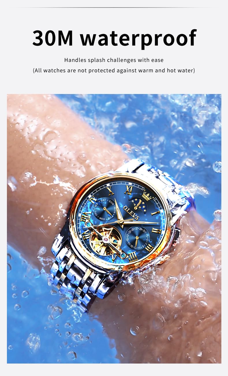 OLEVS Automatic Self-Winding Men's Watch With Date Day Calendar Display - Stainless Steel Skeleton Movement Tourbillon - No Battery Waterproof for Man