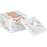 Luxspire Cotton Swab Storage Box with Lid, Q-Tip Swab Holder Cotton Ball Canister Jar Cotton Bud Round Dispenser Box, Cosmetics Makeup Countertop Vanity Bathroom Organizer Containers, Marble White