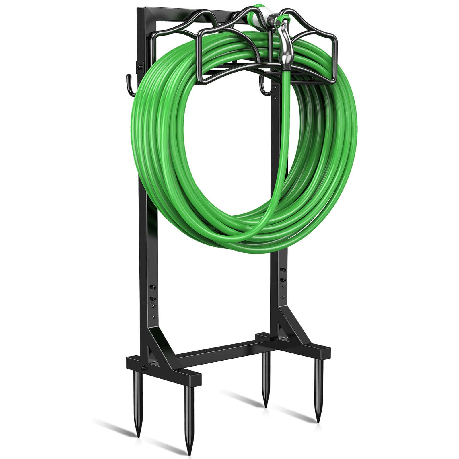 Garden Hose Holder Stand, Freestanding Heavy Duty Metal Organizer with Tool Hooks, Holds up to 150FT Hose, Easy Assembly, No Drilling, for Yard, Lawn, Garden, Patio & Backyard (Black-European) Image