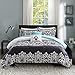 Intelligent Design Cozy Comforter Set Casual Damask Design Modern All Season Bedding Set with Matching Sham, Decorative Pillow, Twin/Twin XL, Leona Black/Aqua 4 Piece