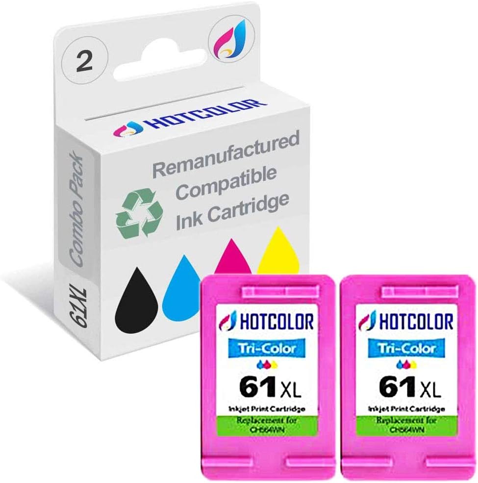 HOTCOLOR Remanufactured Ink Cartridge Replacement for HP 61XL Work for HP Envy 4500 5530 5534 5535 Deskjet 1000 1010 1512 3050 3000 Officejet 4630 2620 4632 Printer (Tri-Color, 2-Pack)
