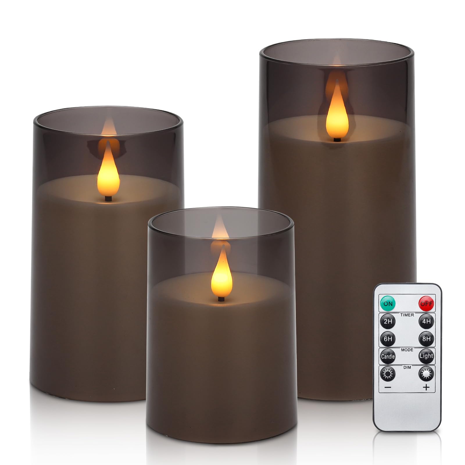 Photo 1 of iplacer Grey Flameless Pillar Candles Battery Operated with Remote Control and Timer, Perspex LED Flashing Electric Candles with 3D Flame Pack of 3 (D:3"×H:4" 5" 6")
