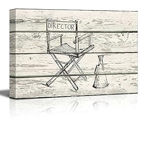 Directors Chair and Megaphone Sketch Artwork - Rustic Canvas Wall Art Home Art - 12x18 inches