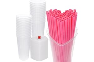 Foxtell 50 Set Heart Shaped Plastic Cups with Lids & Red Straws - 15oz Disposable Clear Cups Transparent Heart Cup for Valent