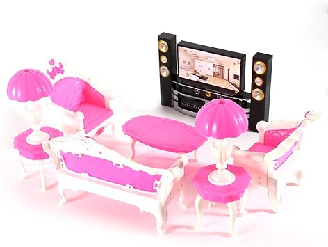 elegantstunning 7Pcs Deluxe Living Room Furniture Sofa+Chair+Table+Lamps+Tv Cabinet Entertainment Set for for Dolls